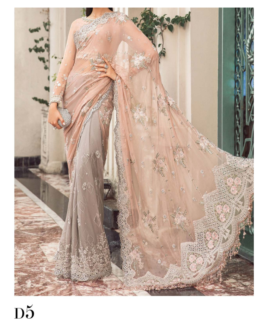MARIA.B Luxury Chiffon Wedding Formals – MPC-23-105 Peach And Grey