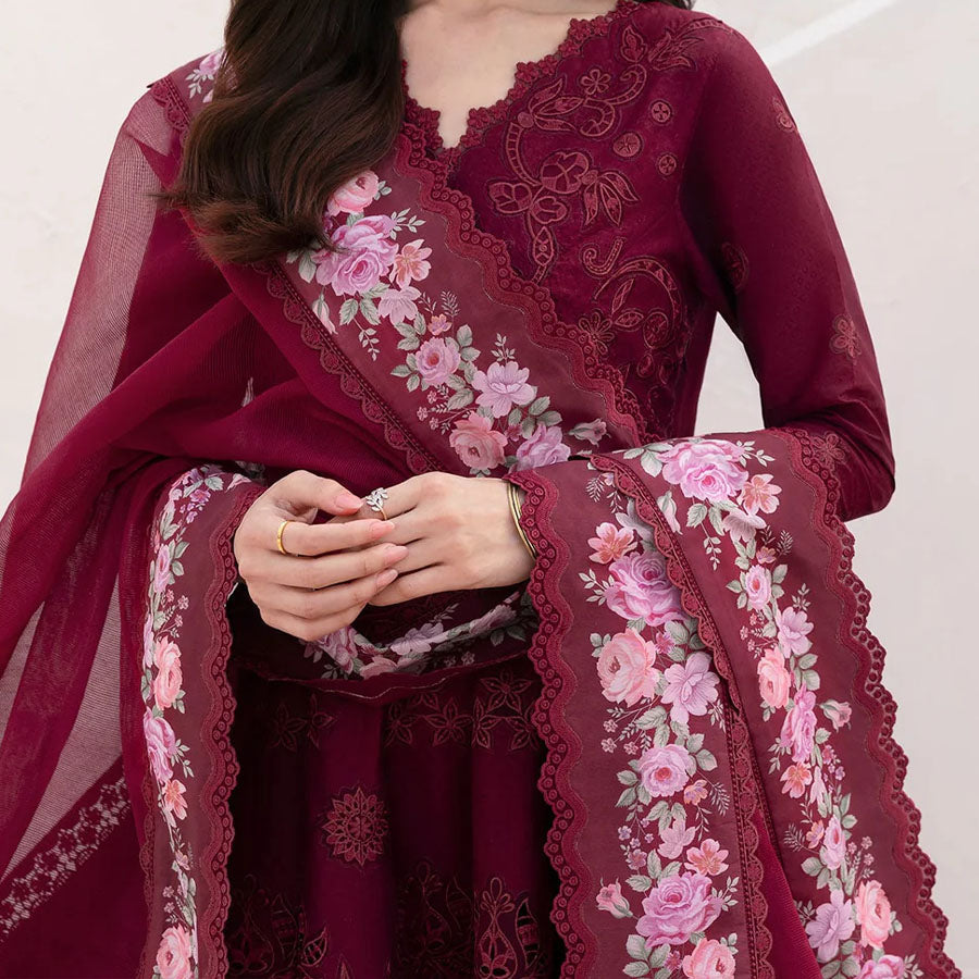 Baroque Embroidered Lawn – Unstitched Lawn Dress with Intricate Embroidery for Women – Floral Embroidery, Lace Detailing, Cutwork & Lace Festive Outfit