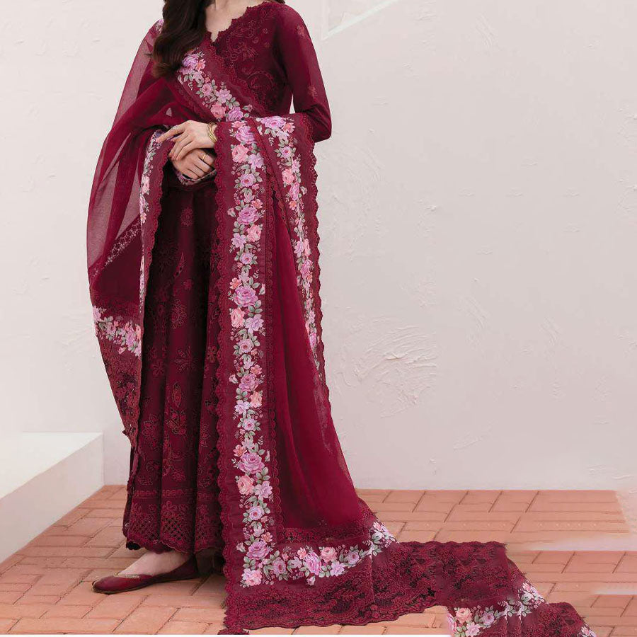 Baroque Embroidered Lawn – Unstitched Lawn Dress with Intricate Embroidery for Women – Floral Embroidery, Lace Detailing, Cutwork & Lace Festive Outfit