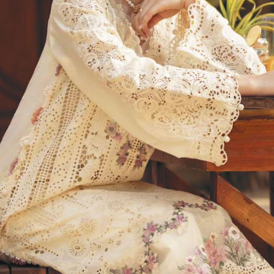 Luxury Unstitched Dress – Floral Embroidery, Lace Detailing, Cutwork & Lace Festive Outfit