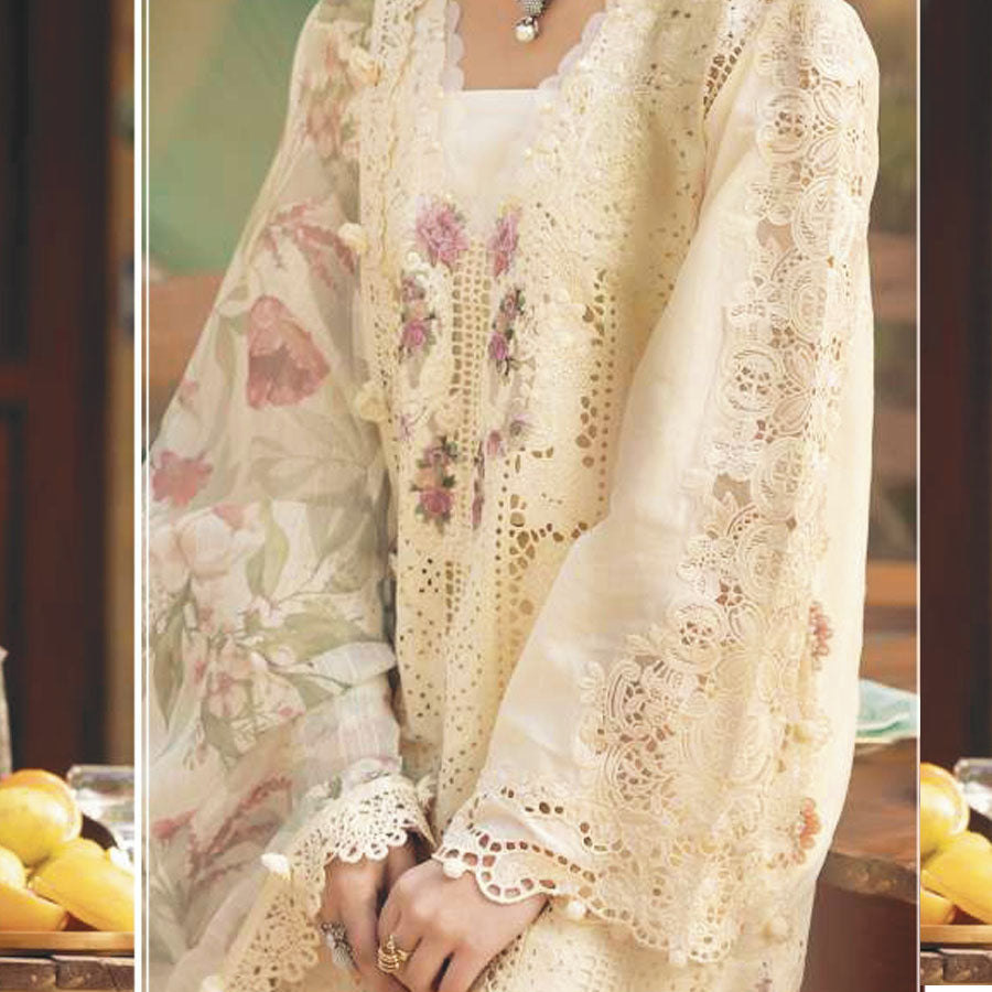 Luxury Unstitched Dress – Floral Embroidery, Lace Detailing, Cutwork & Lace Festive Outfit