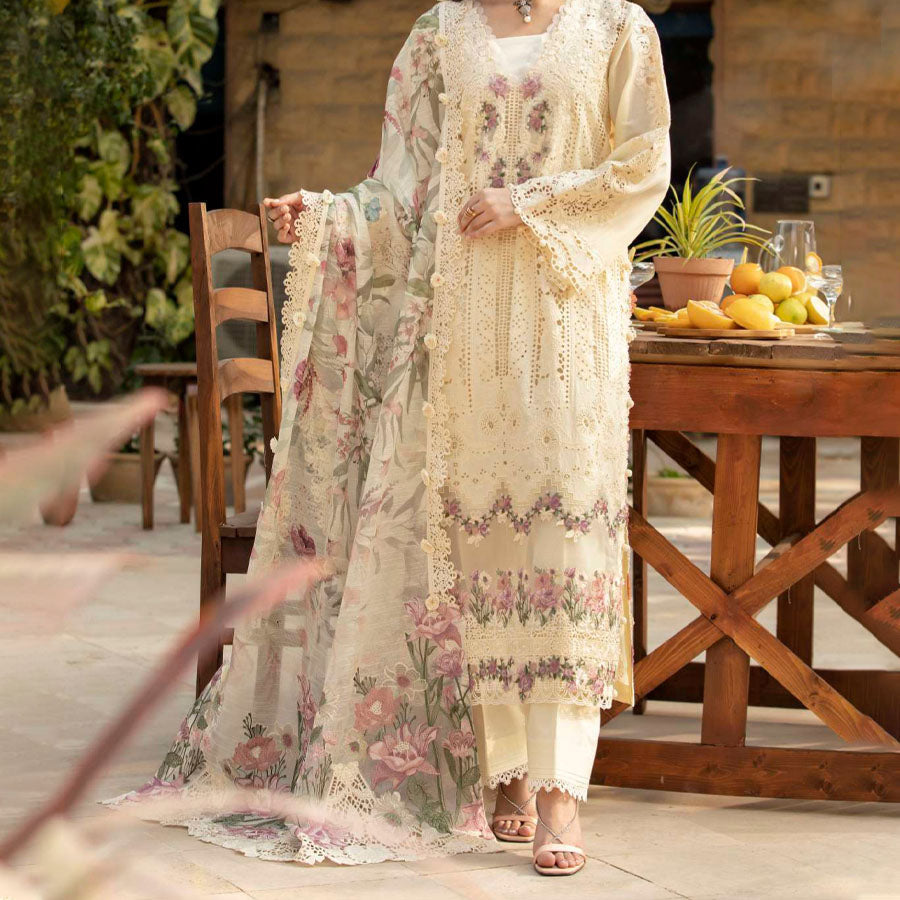 Luxury Unstitched Dress – Floral Embroidery, Lace Detailing, Cutwork & Lace Festive Outfit