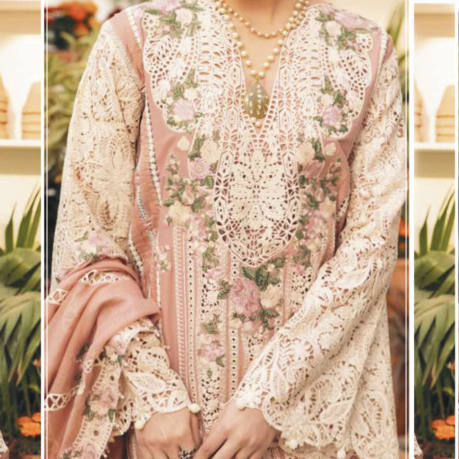 Luxury Unstitched Dress – Floral Embroidery, Lace Detailing, Cutwork & Lace Festive Outfit