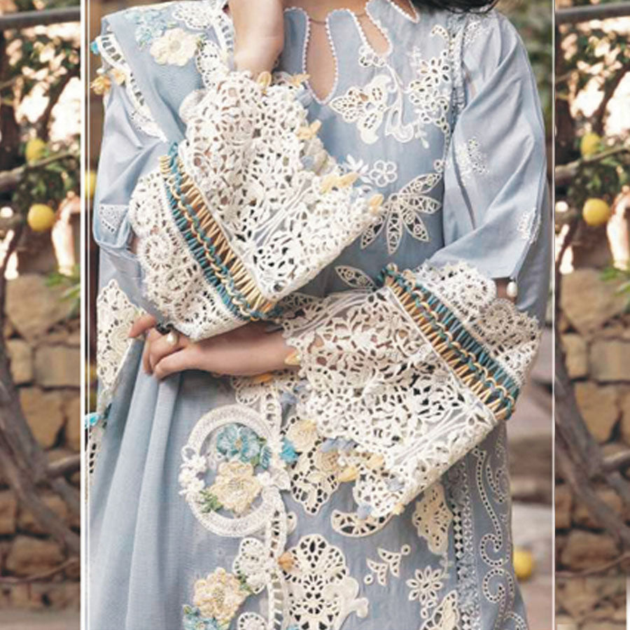 Luxury Unstitched Dress – Floral Embroidery, Lace Detailing, Cutwork & Lace Festive Outfit