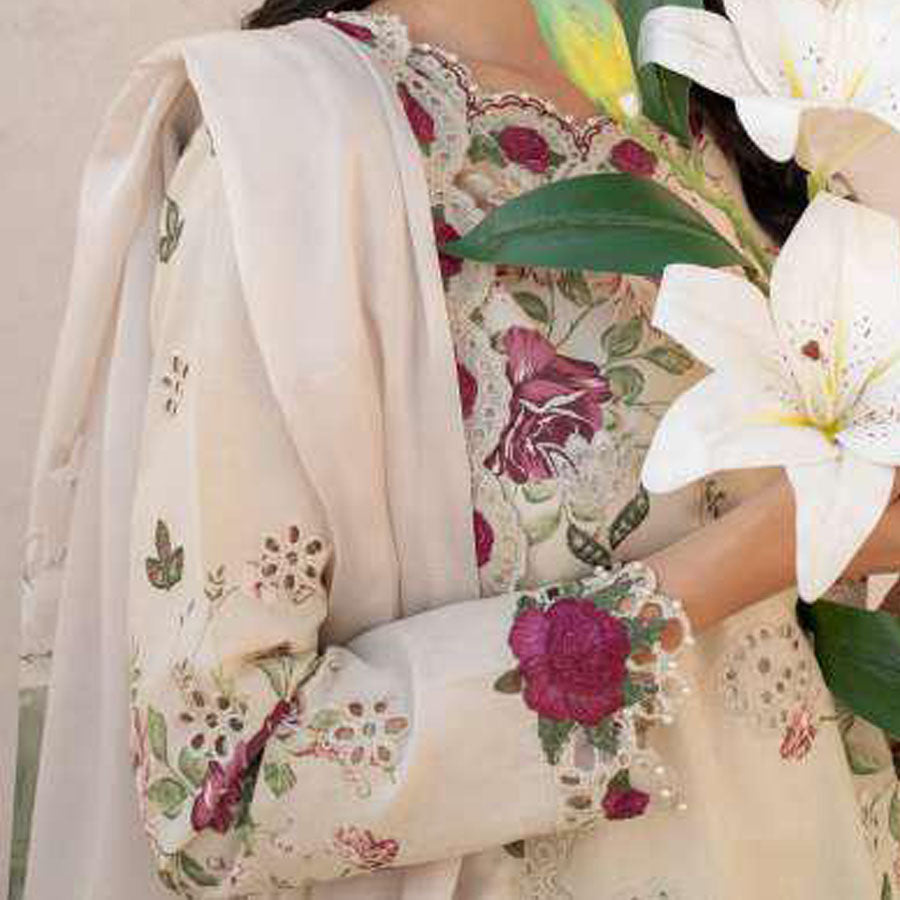 IZNIK Festive Lawn 25 EFL – Luxury Pakistani embroidered lawn suit in pastel shades with delicate floral detailing, intricate embroidery and chiffon dupatta, perfect for festive wear.
