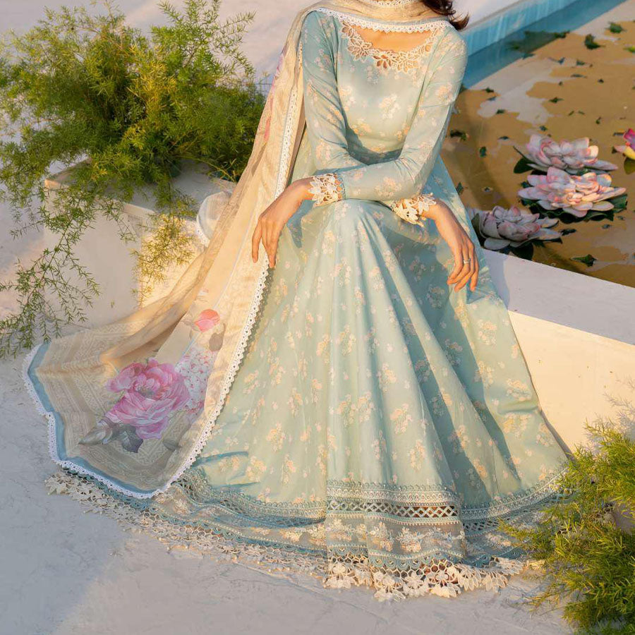 IZNIK Festive Lawn 25 EFL – Luxury Pakistani embroidered lawn suit in pastel shades with delicate floral detailing, intricate embroidery and chiffon dupatta, perfect for festive wear.