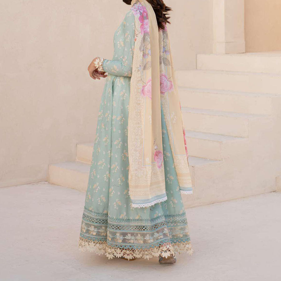 IZNIK Festive Lawn 25 EFL – Luxury Pakistani embroidered lawn suit in pastel shades with delicate floral detailing, intricate embroidery and chiffon dupatta, perfect for festive wear.