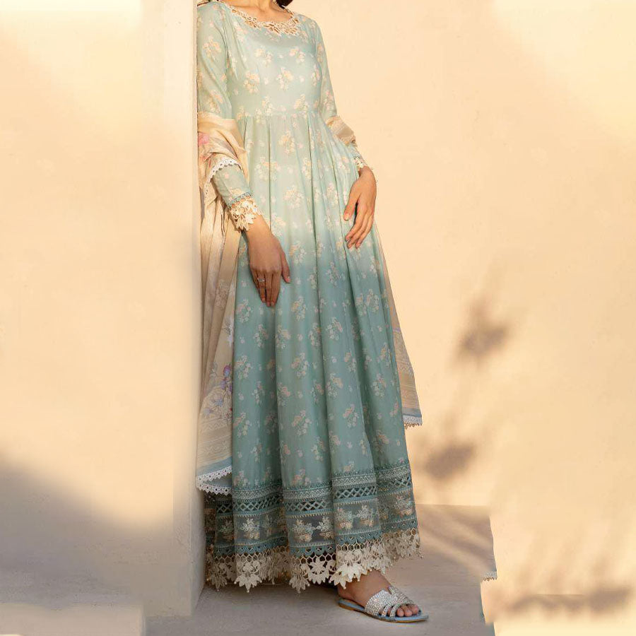 IZNIK Festive Lawn 25 EFL – Luxury Pakistani embroidered lawn suit in pastel shades with delicate floral detailing, intricate embroidery and chiffon dupatta, perfect for festive wear.