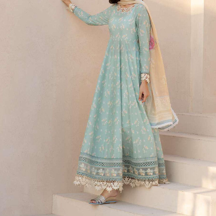 IZNIK Festive Lawn 25 EFL – Luxury Pakistani embroidered lawn suit in pastel shades with delicate floral detailing, intricate embroidery and chiffon dupatta, perfect for festive wear.