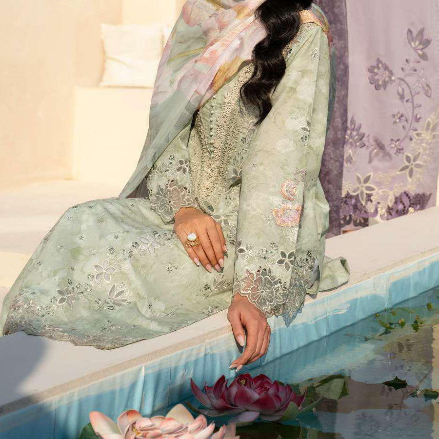 IZNIK Festive Lawn 25 EFL – Luxury Pakistani embroidered lawn suit in pastel shades with delicate floral detailing, intricate embroidery and chiffon dupatta, perfect for festive wear.