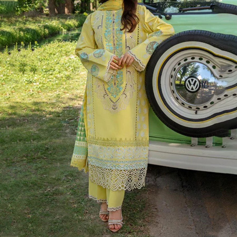 Embroidered lawn suit from Rang Rasiya Carnation Festive Collection, featuring intricate lace and floral designs. Vibrant floral embroidered lawn suit from Rang Rasiya Carnation Festive Collection, exuding summer charm with intricate lacework. Soft pastel floral embroidered lawn suit from Rang Rasiya Carnation Festive Collection, featuring lace sleeves and a delicate pattern.