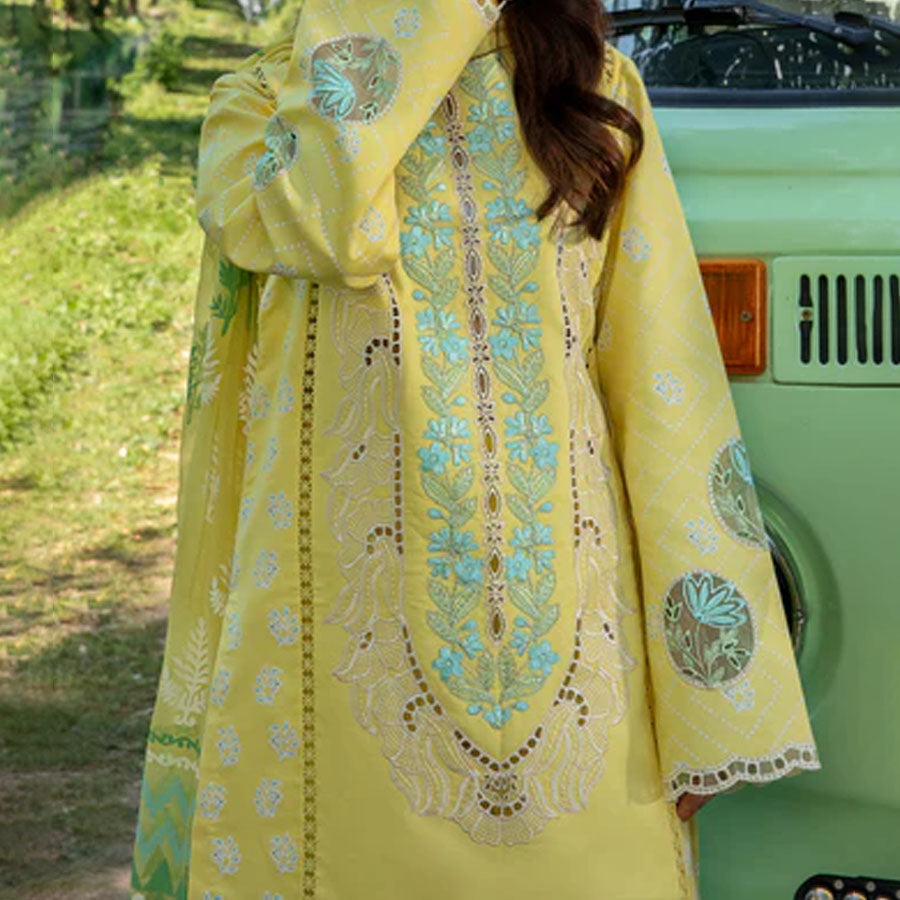 Embroidered lawn suit from Rang Rasiya Carnation Festive Collection, featuring intricate lace and floral designs. Vibrant floral embroidered lawn suit from Rang Rasiya Carnation Festive Collection, exuding summer charm with intricate lacework. Soft pastel floral embroidered lawn suit from Rang Rasiya Carnation Festive Collection, featuring lace sleeves and a delicate pattern.
