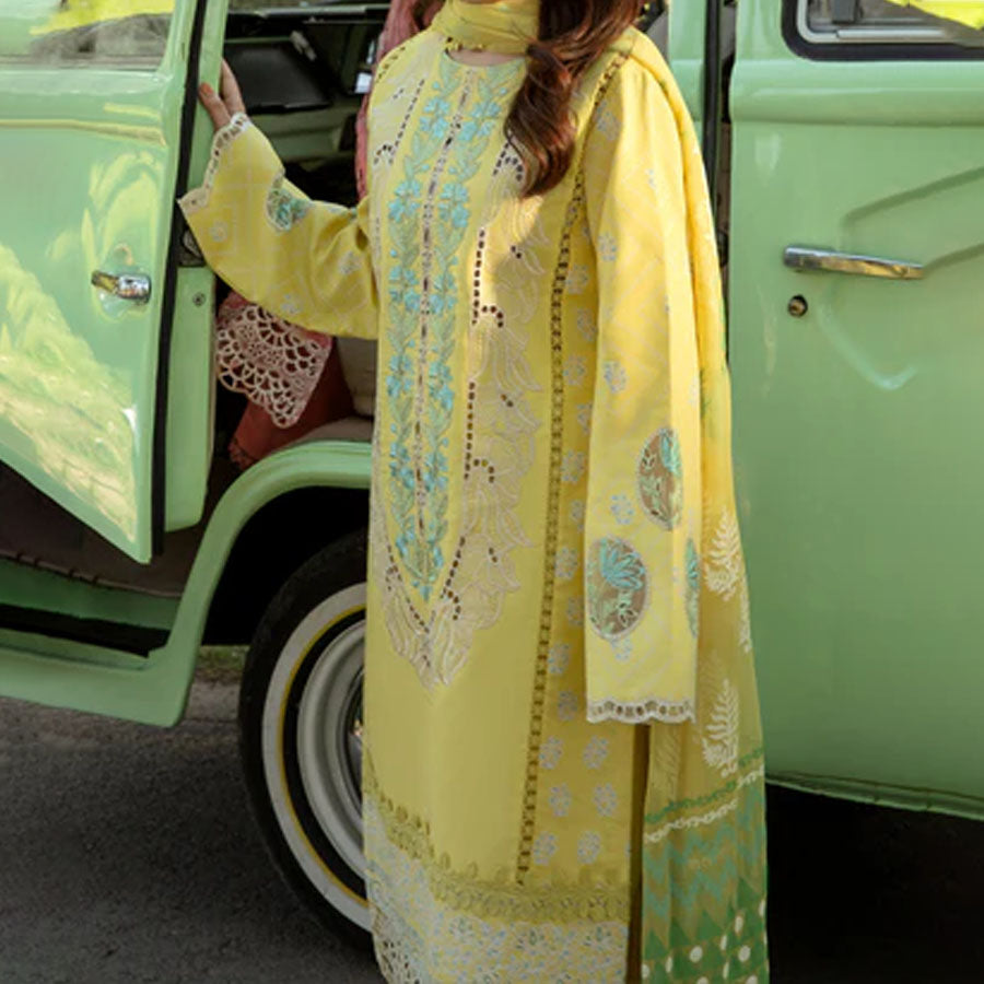 Embroidered lawn suit from Rang Rasiya Carnation Festive Collection, featuring intricate lace and floral designs. Vibrant floral embroidered lawn suit from Rang Rasiya Carnation Festive Collection, exuding summer charm with intricate lacework. Soft pastel floral embroidered lawn suit from Rang Rasiya Carnation Festive Collection, featuring lace sleeves and a delicate pattern.