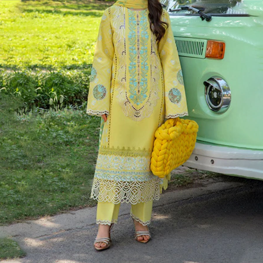 Embroidered lawn suit from Rang Rasiya Carnation Festive Collection, featuring intricate lace and floral designs. Vibrant floral embroidered lawn suit from Rang Rasiya Carnation Festive Collection, exuding summer charm with intricate lacework. Soft pastel floral embroidered lawn suit from Rang Rasiya Carnation Festive Collection, featuring lace sleeves and a delicate pattern.