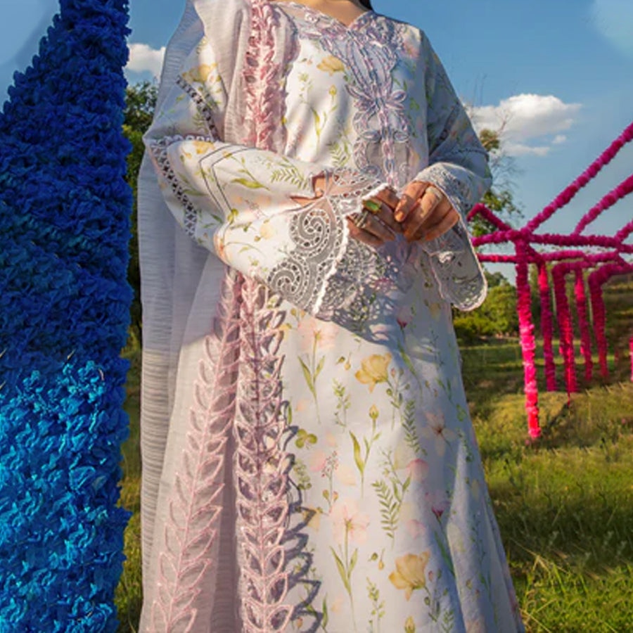 Embroidered lawn suit from Rang Rasiya Carnation Festive Collection, featuring intricate lace and floral designs. Vibrant floral embroidered lawn suit from Rang Rasiya Carnation Festive Collection, exuding summer charm with intricate lacework. Soft pastel floral embroidered lawn suit from Rang Rasiya Carnation Festive Collection, featuring lace sleeves and a delicate pattern.