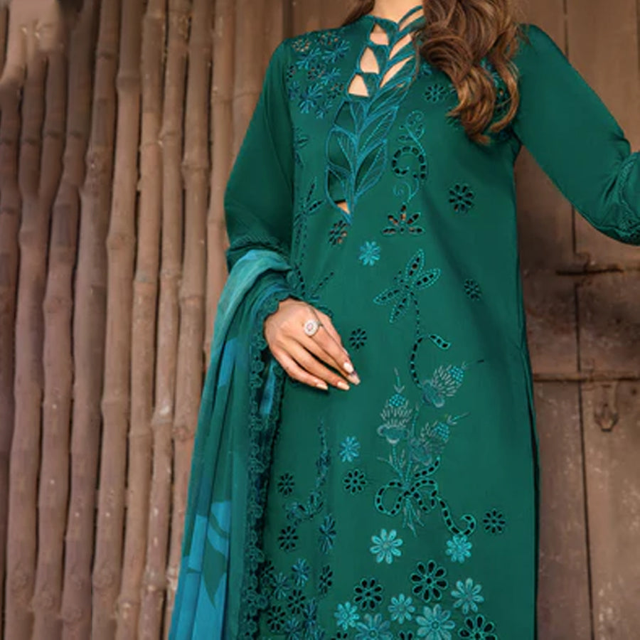 Embroidered lawn suit from Rang Rasiya Carnation Festive Collection, featuring intricate lace and floral designs. Vibrant floral embroidered lawn suit from Rang Rasiya Carnation Festive Collection, exuding summer charm with intricate lacework. Soft pastel floral embroidered lawn suit from Rang Rasiya Carnation Festive Collection, featuring lace sleeves and a delicate pattern.