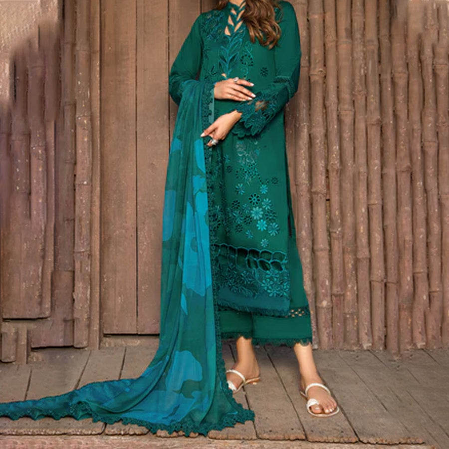 Embroidered lawn suit from Rang Rasiya Carnation Festive Collection, featuring intricate lace and floral designs. Vibrant floral embroidered lawn suit from Rang Rasiya Carnation Festive Collection, exuding summer charm with intricate lacework. Soft pastel floral embroidered lawn suit from Rang Rasiya Carnation Festive Collection, featuring lace sleeves and a delicate pattern.