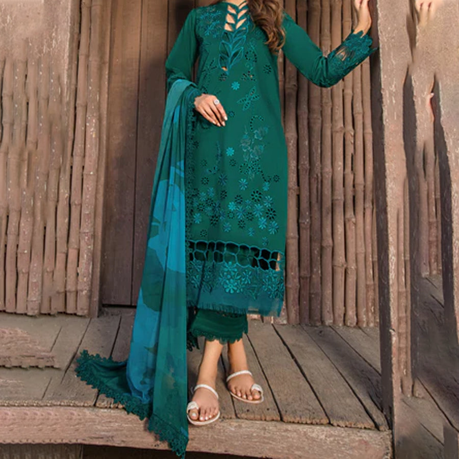 Embroidered lawn suit from Rang Rasiya Carnation Festive Collection, featuring intricate lace and floral designs. Vibrant floral embroidered lawn suit from Rang Rasiya Carnation Festive Collection, exuding summer charm with intricate lacework. Soft pastel floral embroidered lawn suit from Rang Rasiya Carnation Festive Collection, featuring lace sleeves and a delicate pattern.