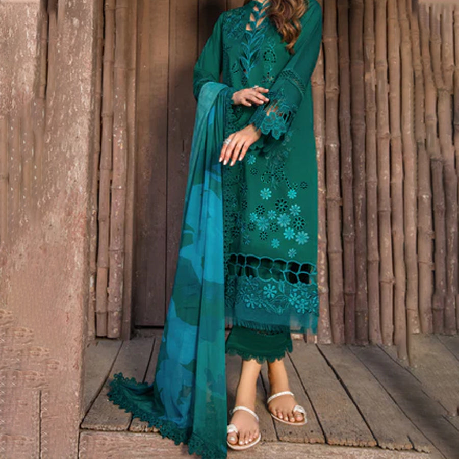 Embroidered lawn suit from Rang Rasiya Carnation Festive Collection, featuring intricate lace and floral designs. Vibrant floral embroidered lawn suit from Rang Rasiya Carnation Festive Collection, exuding summer charm with intricate lacework. Soft pastel floral embroidered lawn suit from Rang Rasiya Carnation Festive Collection, featuring lace sleeves and a delicate pattern.