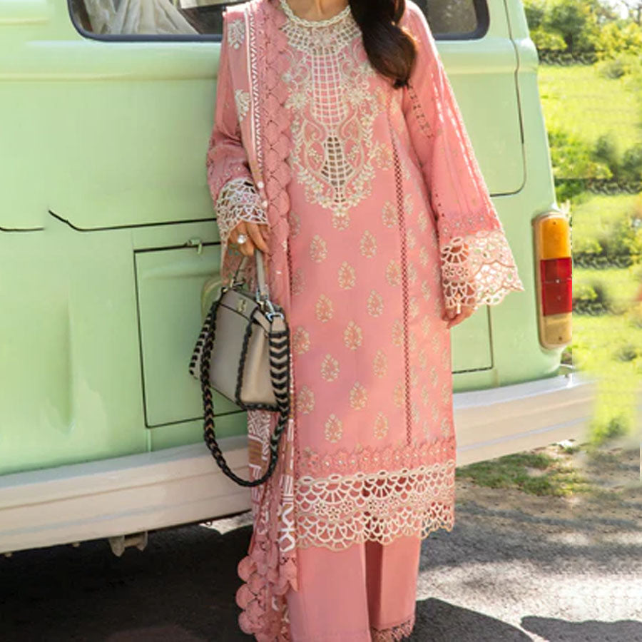 Embroidered lawn suit from Rang Rasiya Carnation Festive Collection, featuring intricate lace and floral designs. Vibrant floral embroidered lawn suit from Rang Rasiya Carnation Festive Collection, exuding summer charm with intricate lacework. Soft pastel floral embroidered lawn suit from Rang Rasiya Carnation Festive Collection, featuring lace sleeves and a delicate pattern.