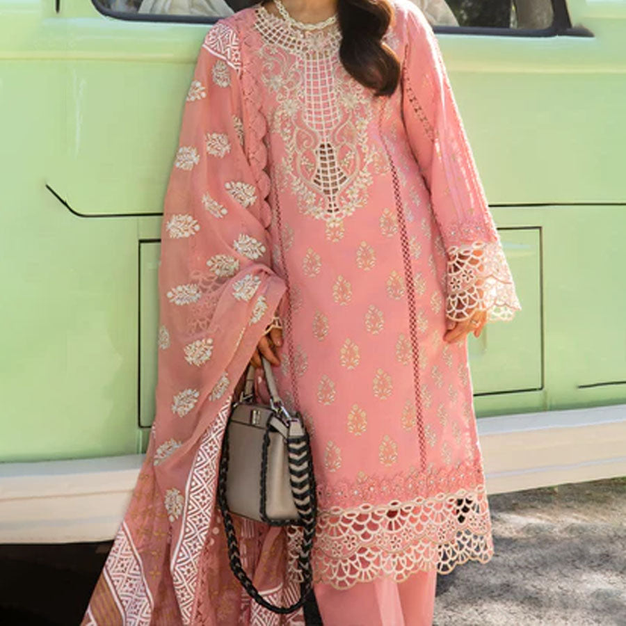 Embroidered lawn suit from Rang Rasiya Carnation Festive Collection, featuring intricate lace and floral designs. Vibrant floral embroidered lawn suit from Rang Rasiya Carnation Festive Collection, exuding summer charm with intricate lacework. Soft pastel floral embroidered lawn suit from Rang Rasiya Carnation Festive Collection, featuring lace sleeves and a delicate pattern.