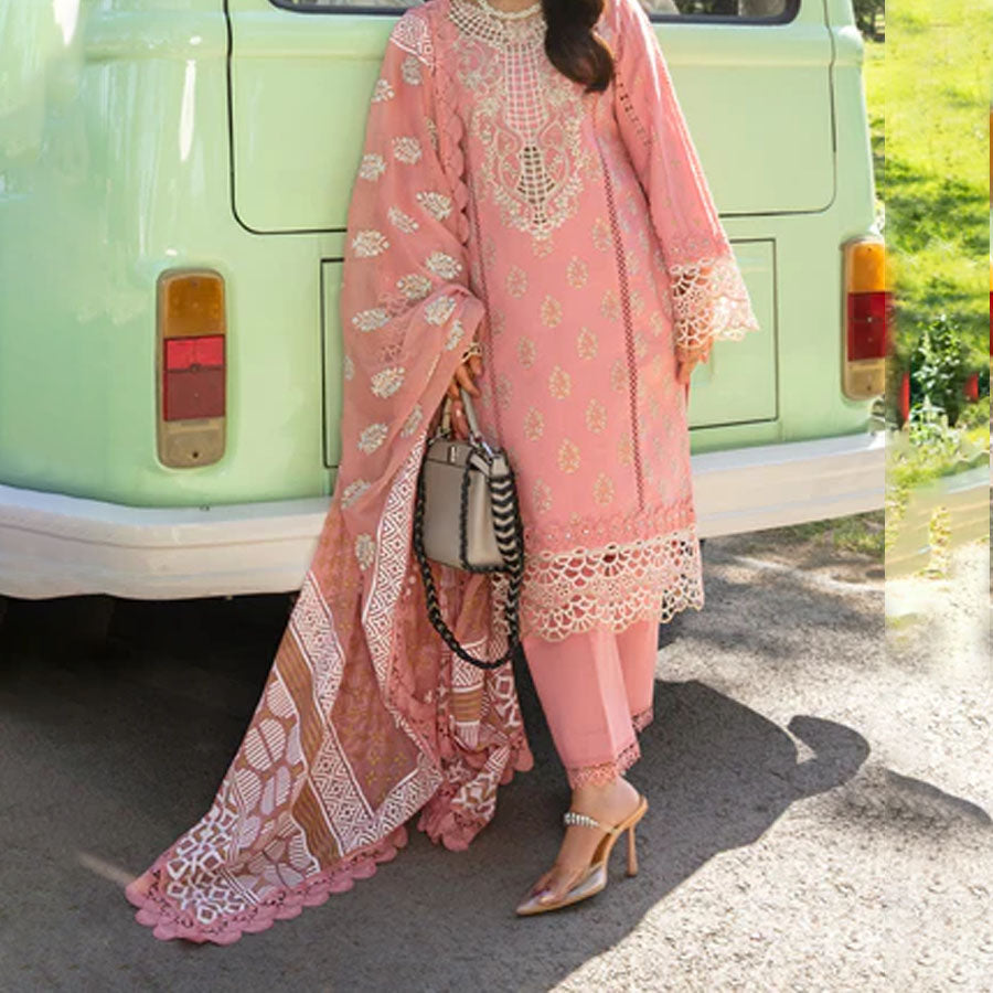 Embroidered lawn suit from Rang Rasiya Carnation Festive Collection, featuring intricate lace and floral designs. Vibrant floral embroidered lawn suit from Rang Rasiya Carnation Festive Collection, exuding summer charm with intricate lacework. Soft pastel floral embroidered lawn suit from Rang Rasiya Carnation Festive Collection, featuring lace sleeves and a delicate pattern.