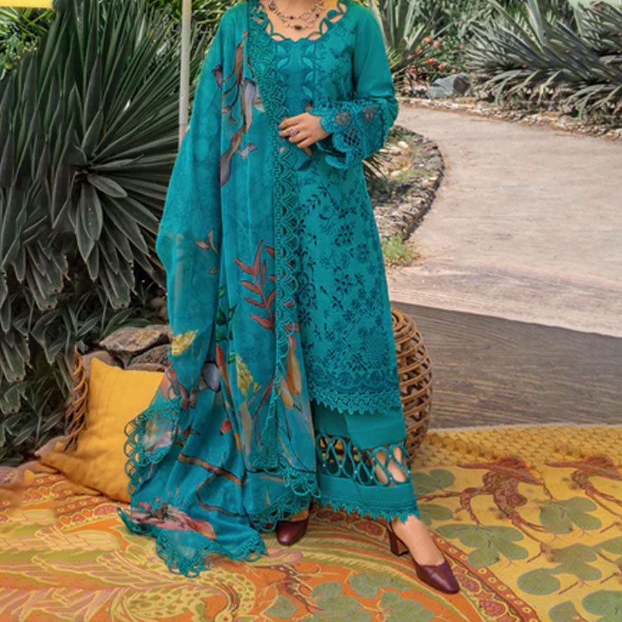 Embroidered lawn suit from Rang Rasiya Carnation Festive Collection, featuring intricate lace and floral designs. Vibrant floral embroidered lawn suit from Rang Rasiya Carnation Festive Collection, exuding summer charm with intricate lacework. Soft pastel floral embroidered lawn suit from Rang Rasiya Carnation Festive Collection, featuring lace sleeves and a delicate pattern.
