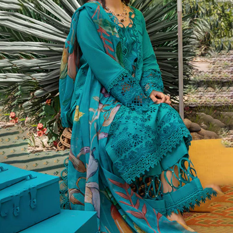 Embroidered lawn suit from Rang Rasiya Carnation Festive Collection, featuring intricate lace and floral designs. Vibrant floral embroidered lawn suit from Rang Rasiya Carnation Festive Collection, exuding summer charm with intricate lacework. Soft pastel floral embroidered lawn suit from Rang Rasiya Carnation Festive Collection, featuring lace sleeves and a delicate pattern.