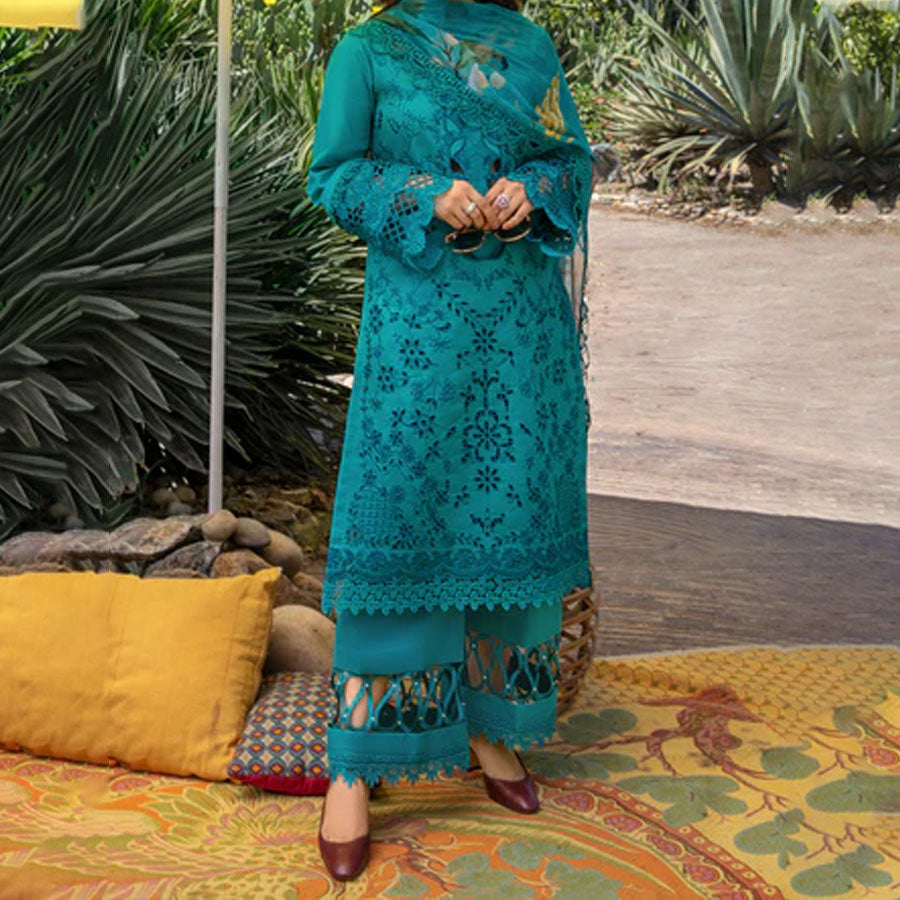 Embroidered lawn suit from Rang Rasiya Carnation Festive Collection, featuring intricate lace and floral designs. Vibrant floral embroidered lawn suit from Rang Rasiya Carnation Festive Collection, exuding summer charm with intricate lacework. Soft pastel floral embroidered lawn suit from Rang Rasiya Carnation Festive Collection, featuring lace sleeves and a delicate pattern.