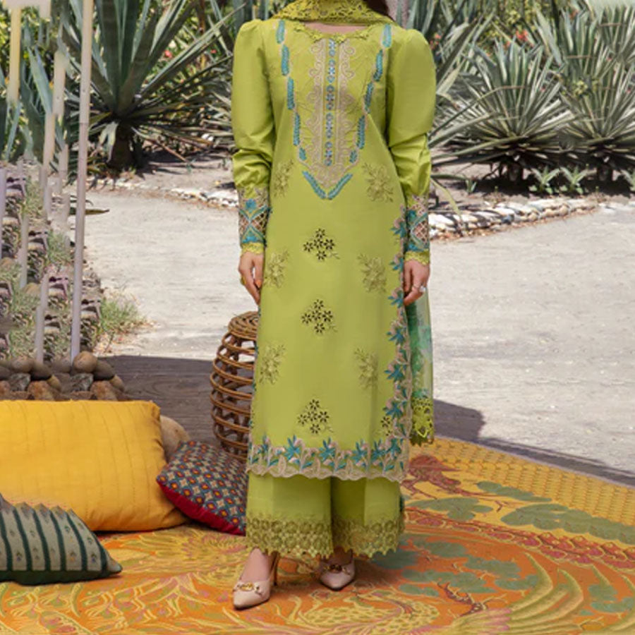 Embroidered lawn suit from Rang Rasiya Carnation Festive Collection, featuring intricate lace and floral designs. Vibrant floral embroidered lawn suit from Rang Rasiya Carnation Festive Collection, exuding summer charm with intricate lacework. Soft pastel floral embroidered lawn suit from Rang Rasiya Carnation Festive Collection, featuring lace sleeves and a delicate pattern.