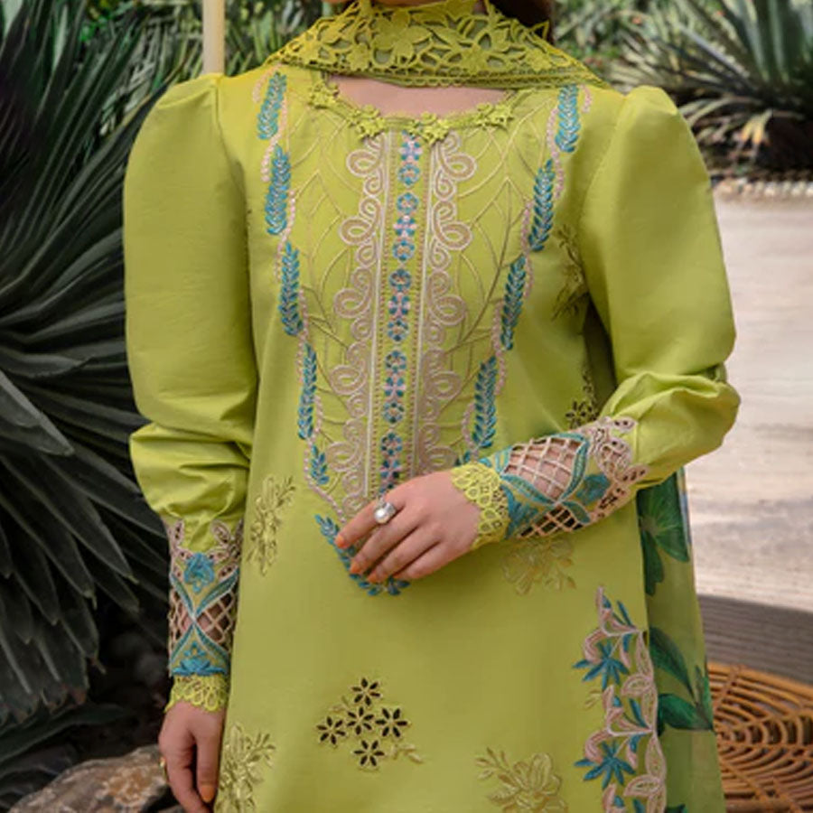 Embroidered lawn suit from Rang Rasiya Carnation Festive Collection, featuring intricate lace and floral designs. Vibrant floral embroidered lawn suit from Rang Rasiya Carnation Festive Collection, exuding summer charm with intricate lacework. Soft pastel floral embroidered lawn suit from Rang Rasiya Carnation Festive Collection, featuring lace sleeves and a delicate pattern.
