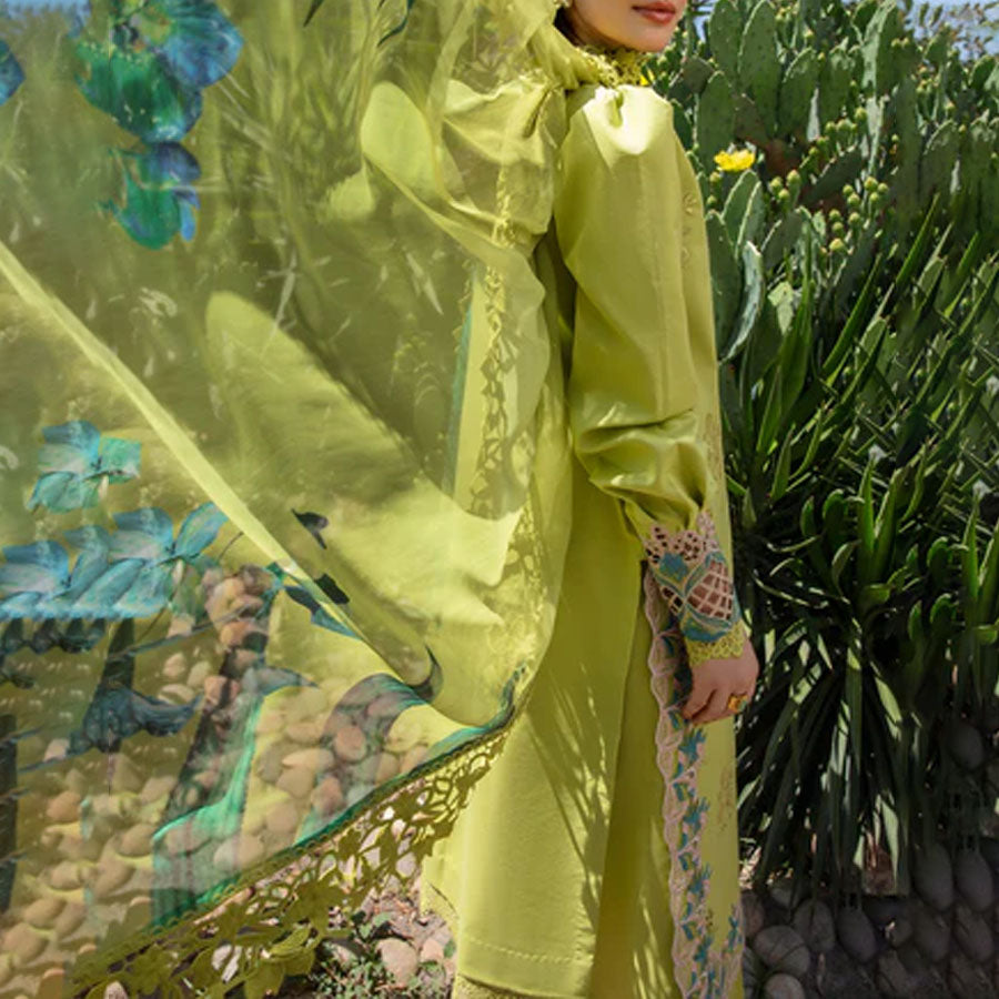 Embroidered lawn suit from Rang Rasiya Carnation Festive Collection, featuring intricate lace and floral designs. Vibrant floral embroidered lawn suit from Rang Rasiya Carnation Festive Collection, exuding summer charm with intricate lacework. Soft pastel floral embroidered lawn suit from Rang Rasiya Carnation Festive Collection, featuring lace sleeves and a delicate pattern.