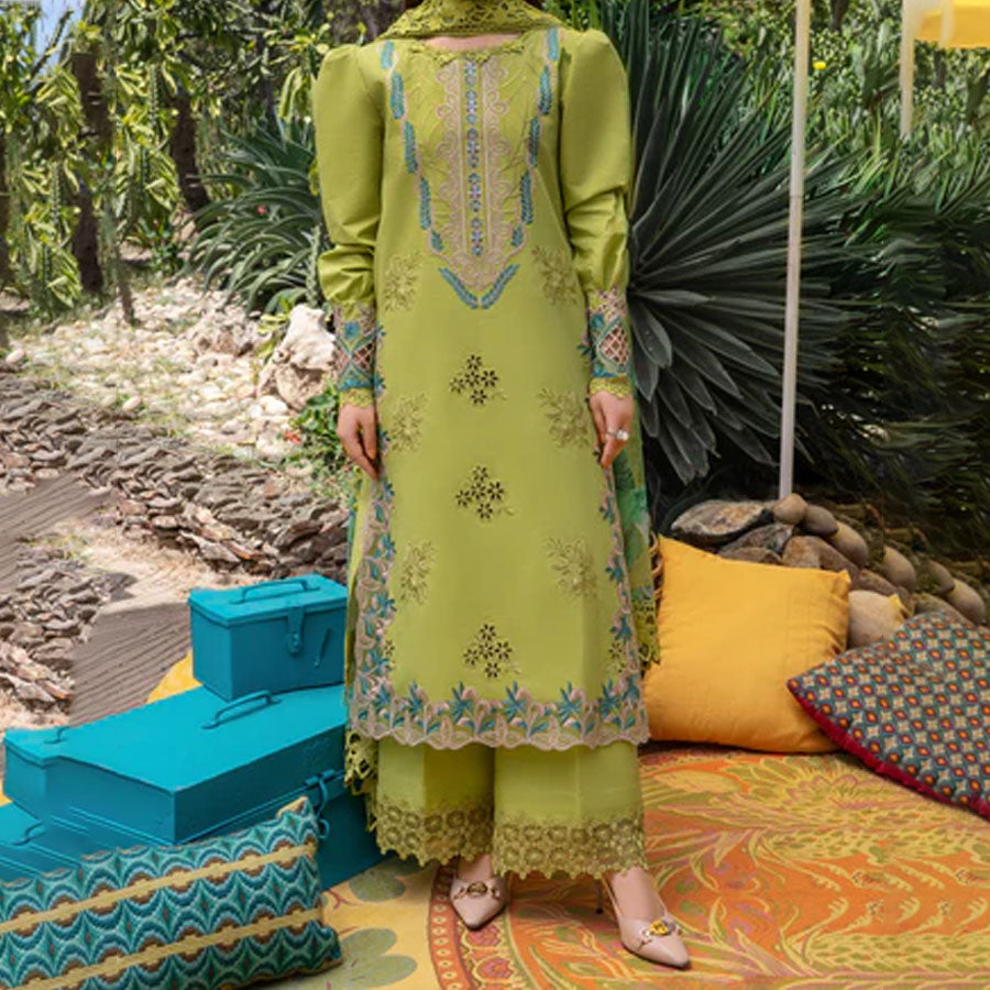 Embroidered lawn suit from Rang Rasiya Carnation Festive Collection, featuring intricate lace and floral designs. Vibrant floral embroidered lawn suit from Rang Rasiya Carnation Festive Collection, exuding summer charm with intricate lacework. Soft pastel floral embroidered lawn suit from Rang Rasiya Carnation Festive Collection, featuring lace sleeves and a delicate pattern.