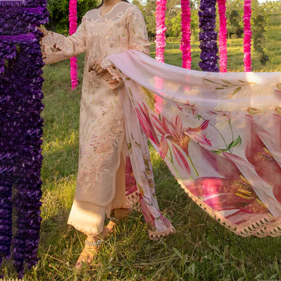 Embroidered lawn suit from Rang Rasiya Carnation Festive Collection, featuring intricate lace and floral designs. Vibrant floral embroidered lawn suit from Rang Rasiya Carnation Festive Collection, exuding summer charm with intricate lacework. Soft pastel floral embroidered lawn suit from Rang Rasiya Carnation Festive Collection, featuring lace sleeves and a delicate pattern.