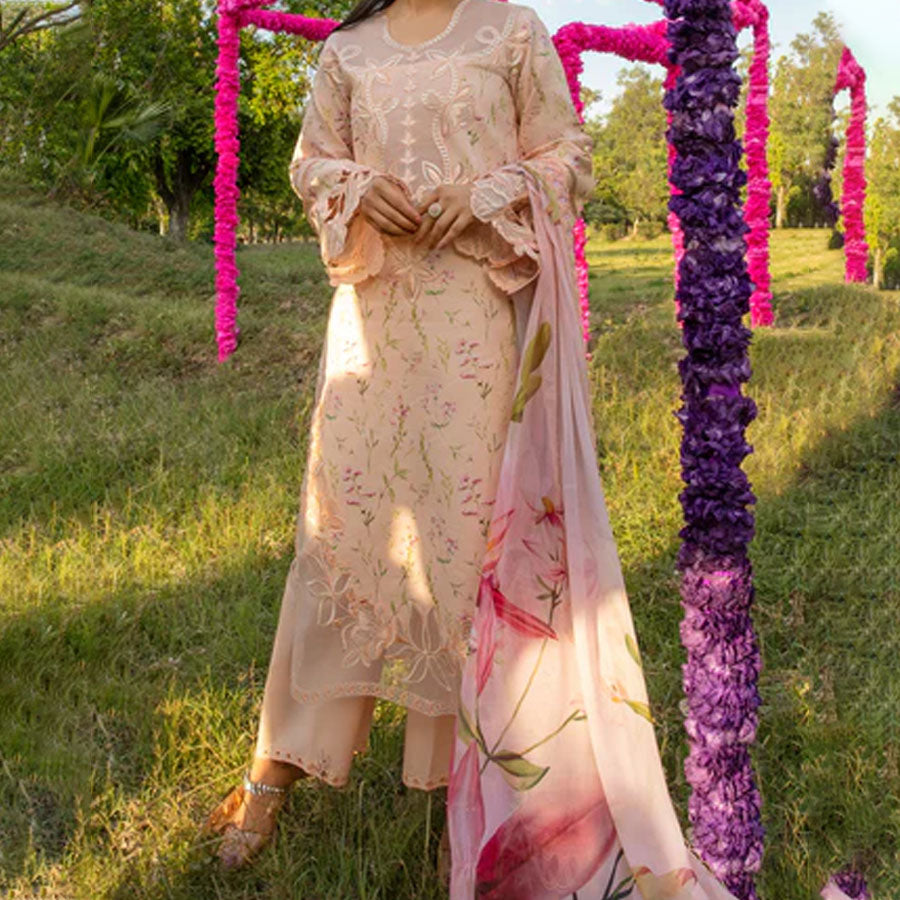 Embroidered lawn suit from Rang Rasiya Carnation Festive Collection, featuring intricate lace and floral designs. Vibrant floral embroidered lawn suit from Rang Rasiya Carnation Festive Collection, exuding summer charm with intricate lacework. Soft pastel floral embroidered lawn suit from Rang Rasiya Carnation Festive Collection, featuring lace sleeves and a delicate pattern.