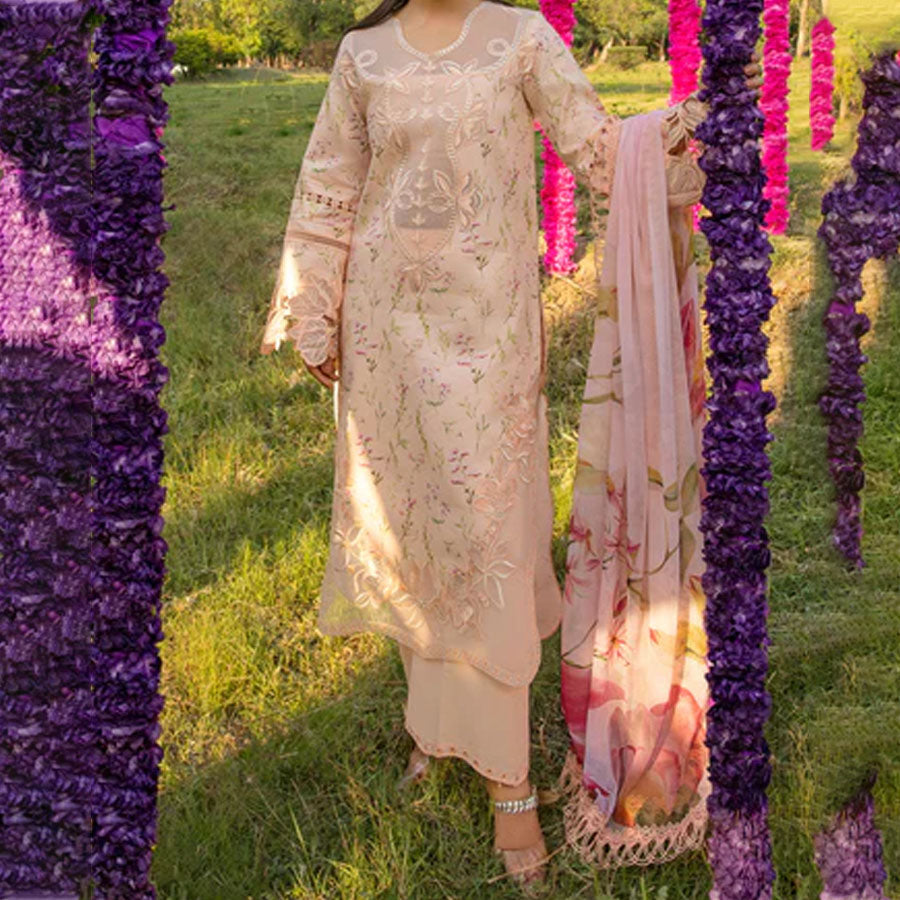 Embroidered lawn suit from Rang Rasiya Carnation Festive Collection, featuring intricate lace and floral designs. Vibrant floral embroidered lawn suit from Rang Rasiya Carnation Festive Collection, exuding summer charm with intricate lacework. Soft pastel floral embroidered lawn suit from Rang Rasiya Carnation Festive Collection, featuring lace sleeves and a delicate pattern.