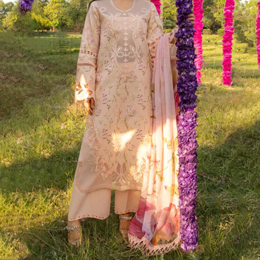 Embroidered lawn suit from Rang Rasiya Carnation Festive Collection, featuring intricate lace and floral designs. Vibrant floral embroidered lawn suit from Rang Rasiya Carnation Festive Collection, exuding summer charm with intricate lacework. Soft pastel floral embroidered lawn suit from Rang Rasiya Carnation Festive Collection, featuring lace sleeves and a delicate pattern.