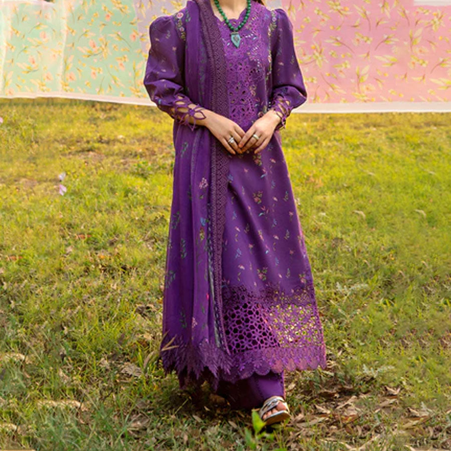 Embroidered lawn suit from Rang Rasiya Carnation Festive Collection, featuring intricate lace and floral designs. Vibrant floral embroidered lawn suit from Rang Rasiya Carnation Festive Collection, exuding summer charm with intricate lacework. Soft pastel floral embroidered lawn suit from Rang Rasiya Carnation Festive Collection, featuring lace sleeves and a delicate pattern.