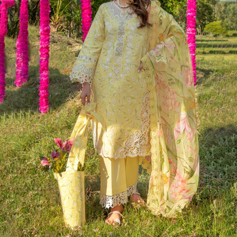 Embroidered lawn suit from Rang Rasiya Carnation Festive Collection, featuring intricate lace and floral designs. Vibrant floral embroidered lawn suit from Rang Rasiya Carnation Festive Collection, exuding summer charm with intricate lacework. Soft pastel floral embroidered lawn suit from Rang Rasiya Carnation Festive Collection, featuring lace sleeves and a delicate pattern.