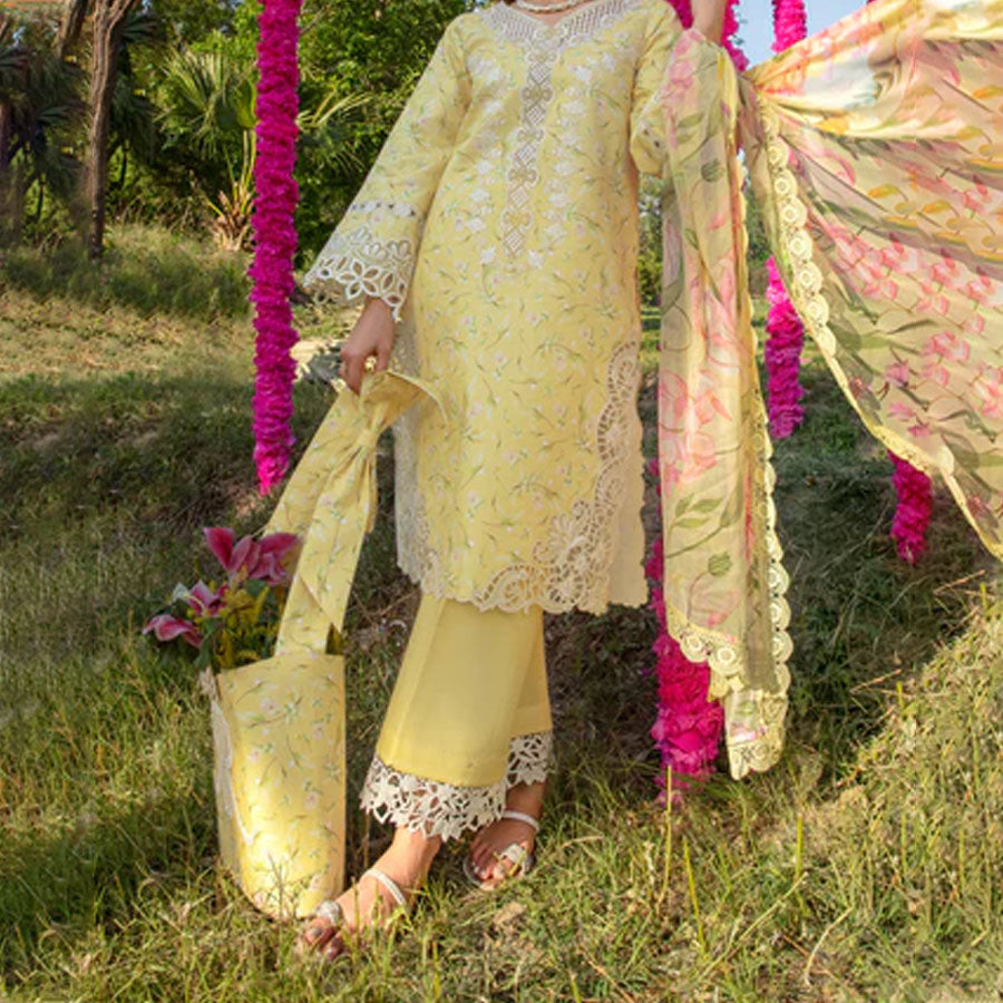 Embroidered lawn suit from Rang Rasiya Carnation Festive Collection, featuring intricate lace and floral designs. Vibrant floral embroidered lawn suit from Rang Rasiya Carnation Festive Collection, exuding summer charm with intricate lacework. Soft pastel floral embroidered lawn suit from Rang Rasiya Carnation Festive Collection, featuring lace sleeves and a delicate pattern.