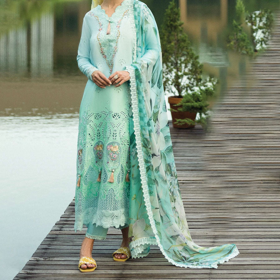 A model wearing a pastel embroidered lawn suit, featuring delicate floral patterns and a matching dupatta, ideal for summer occasions, sitting in a garden setting, showcasing traditional elegance and comfort, wearing a chickenkari embroidered dress.