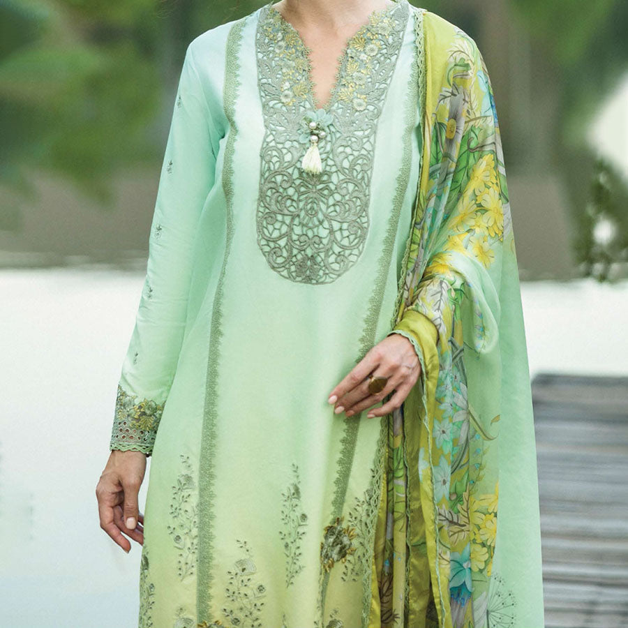 A model wearing a pastel embroidered lawn suit, featuring delicate floral patterns and a matching dupatta, ideal for summer occasions, sitting in a garden setting, showcasing traditional elegance and comfort, wearing a chickenkari embroidered dress.