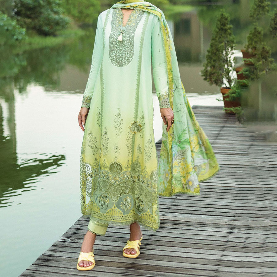 A model wearing a pastel embroidered lawn suit, featuring delicate floral patterns and a matching dupatta, ideal for summer occasions, sitting in a garden setting, showcasing traditional elegance and comfort, wearing a chickenkari embroidered dress.