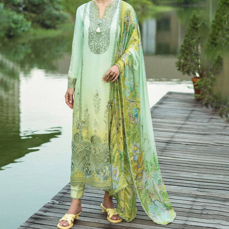 A model wearing a pastel embroidered lawn suit, featuring delicate floral patterns and a matching dupatta, ideal for summer occasions, sitting in a garden setting, showcasing traditional elegance and comfort, wearing a chickenkari embroidered dress.