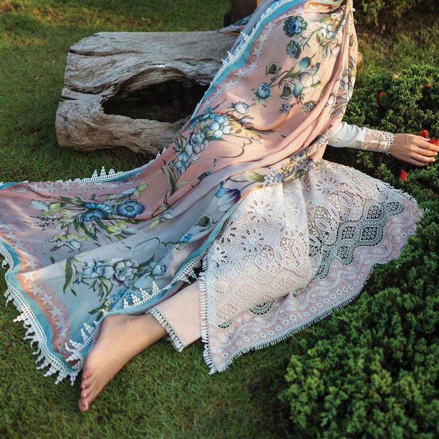 A model wearing a pastel embroidered lawn suit, featuring delicate floral patterns and a matching dupatta, ideal for summer occasions, sitting in a garden setting, showcasing traditional elegance and comfort, wearing a chickenkari embroidered dress.