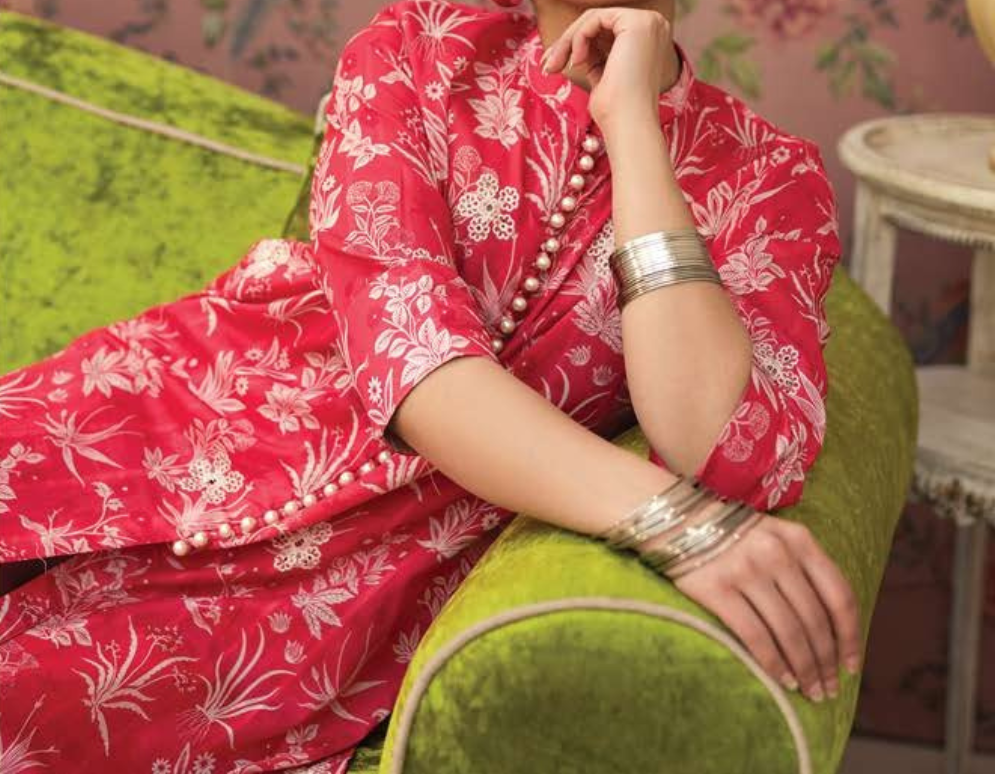Printed co-ord unstitched doriya lawn 2 pc suit in Red color