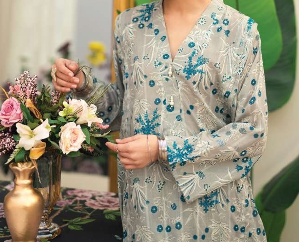 Printed co-ord unstitched doriya lawn 2 pc suit in Grey color