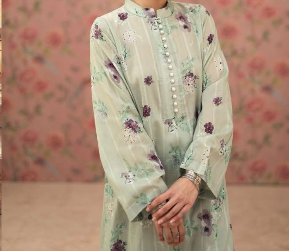 Printed co-ord unstitched doriya lawn 2 pc suit in grey color