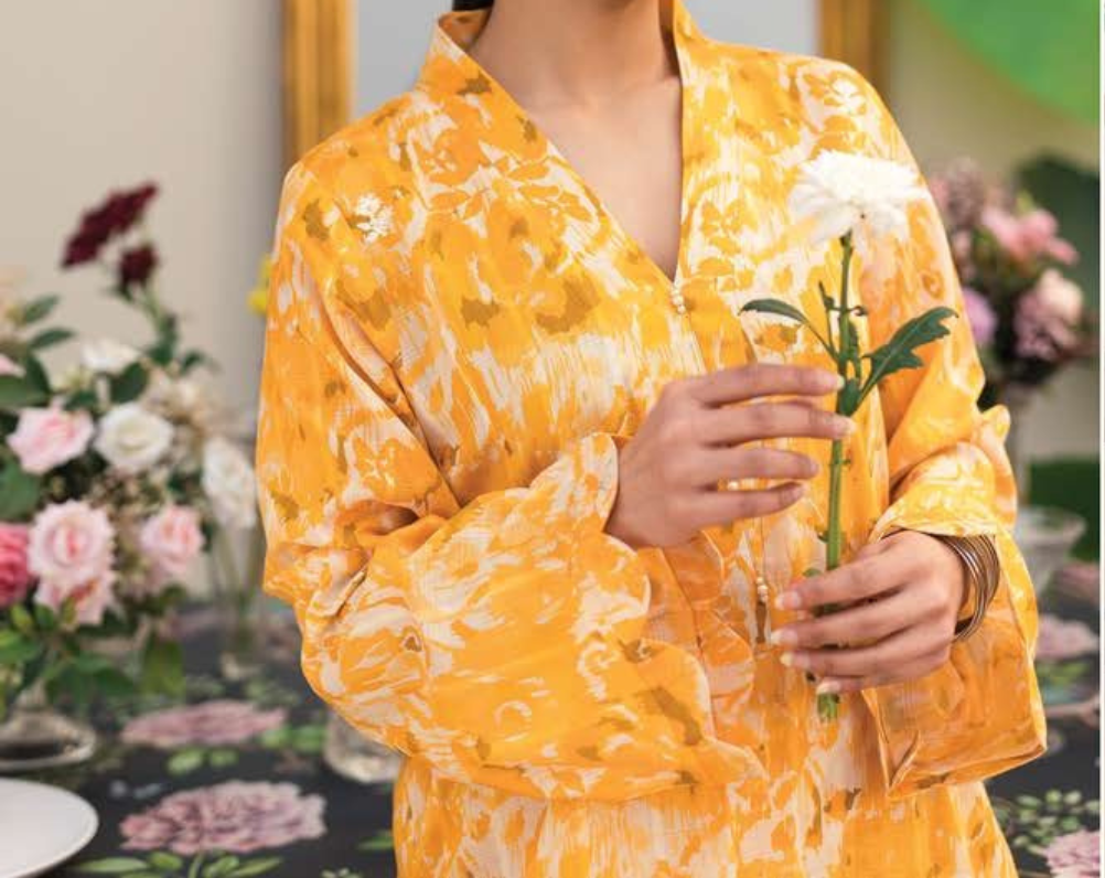 Printed co-ord unstitched doriya lawn 2 pc suit in yellow color