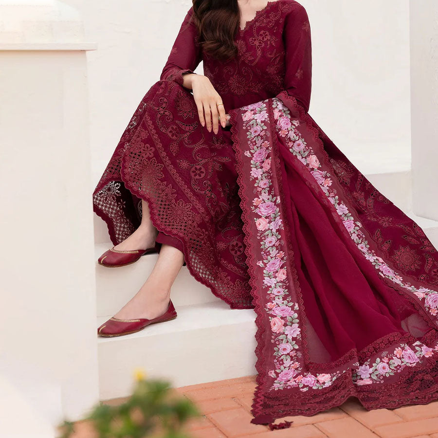 Baroque Embroidered Lawn – Unstitched Lawn Dress with Intricate Embroidery for Women – Floral Embroidery, Lace Detailing, Cutwork & Lace Festive Outfit